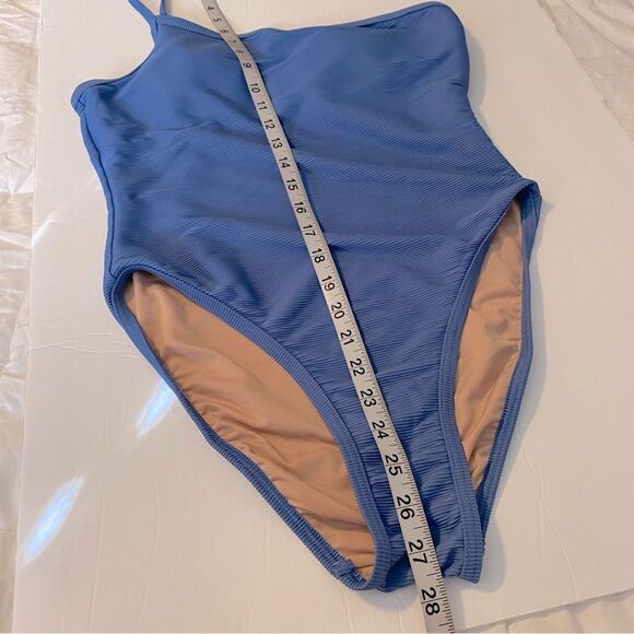 J. Crew Ribbed blue one strap one piece Swimsuit padded L 10 - Picture 4 of 11
